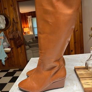 Wide calf! Boot, wedge heel, tan/luggage color. Size 7.5